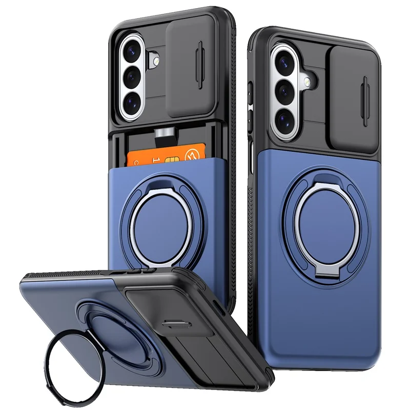 Phone Case For Samsung Galaxy A37 5G / A36 5G / A56 5G / A27 Slide Camera Cover Kickstand TPU + PC Protective Shell with Card Holder - Blue