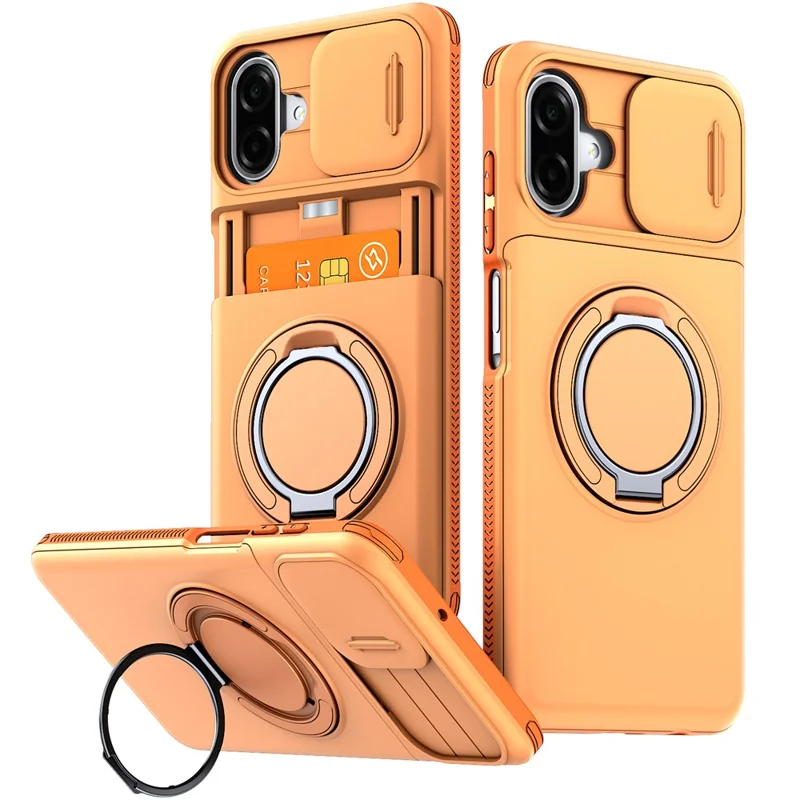 For Samsung Galaxy A07 4G / A07 5G Case Slide Camera Cover Kickstand TPU + PC Protective Phone Shell with Card Holder - Orange