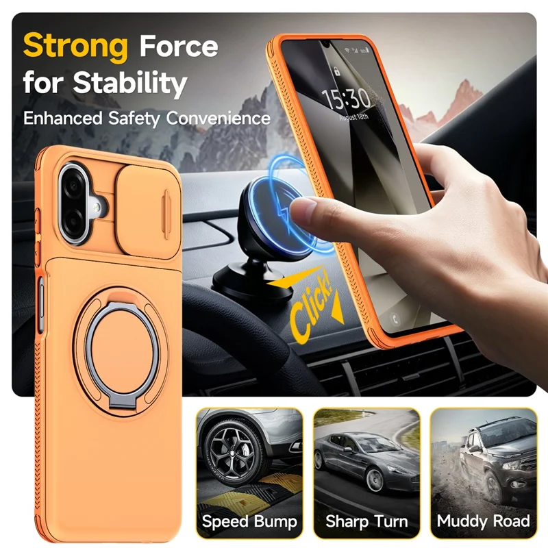 For Samsung Galaxy A07 4G / A07 5G Case Slide Camera Cover Kickstand TPU + PC Protective Phone Shell with Card Holder - Orange