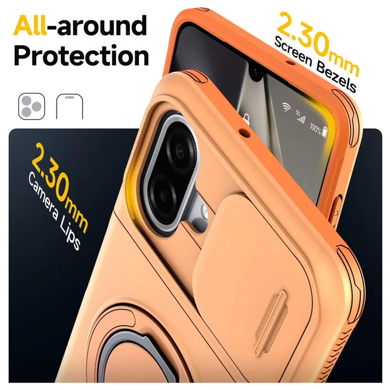 For Samsung Galaxy A07 4G / A07 5G Case Slide Camera Cover Kickstand TPU + PC Protective Phone Shell with Card Holder - Orange
