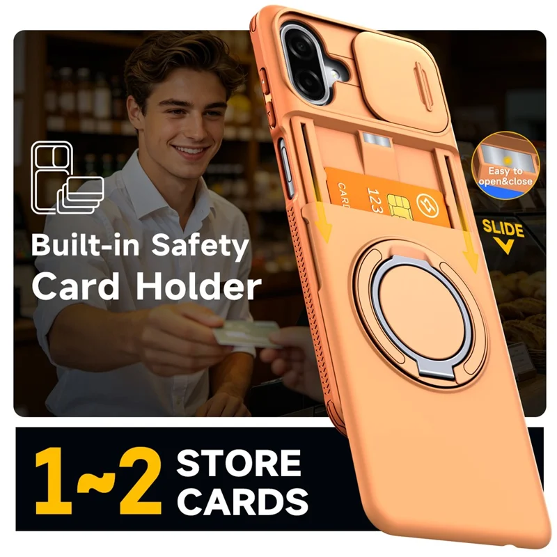 For Samsung Galaxy A07 4G / A07 5G Case Slide Camera Cover Kickstand TPU + PC Protective Phone Shell with Card Holder - Orange