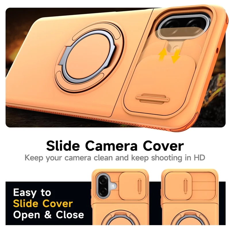 For Samsung Galaxy A07 4G / A07 5G Case Slide Camera Cover Kickstand TPU + PC Protective Phone Shell with Card Holder - Orange