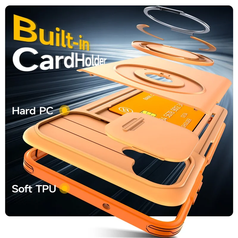 For Samsung Galaxy A07 4G / A07 5G Case Slide Camera Cover Kickstand TPU + PC Protective Phone Shell with Card Holder - Orange