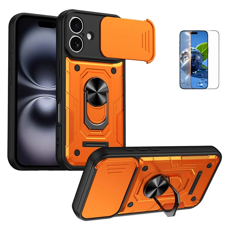 For iPhone 16 Magnetic Case Sliding Lens Cover PC + TPU Phone Shell with Tempered Glass Film - Orange