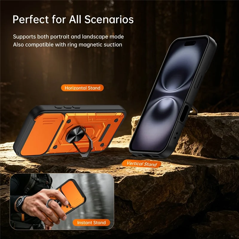 For iPhone 16 Magnetic Case Sliding Lens Cover PC + TPU Phone Shell with Tempered Glass Film - Orange