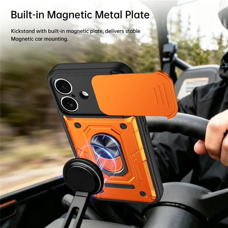 For iPhone 16 Magnetic Case Sliding Lens Cover PC + TPU Phone Shell with Tempered Glass Film - Orange