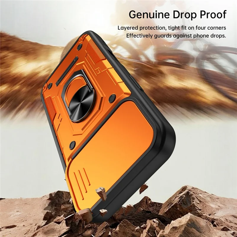 For iPhone 16 Magnetic Case Sliding Lens Cover PC + TPU Phone Shell with Tempered Glass Film - Orange