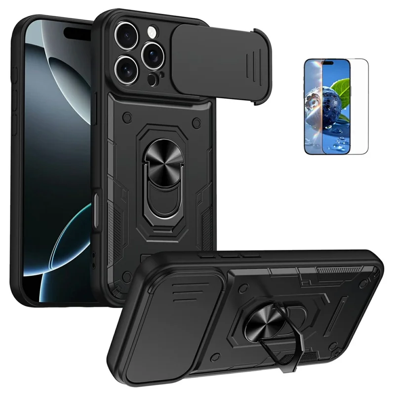 For iPhone 16 Pro Max Magnetic Case Sliding Lens Cover PC + TPU Phone Shell with Tempered Glass Film - Black