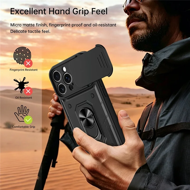 For iPhone 16 Pro Max Magnetic Case Sliding Lens Cover PC + TPU Phone Shell with Tempered Glass Film - Black