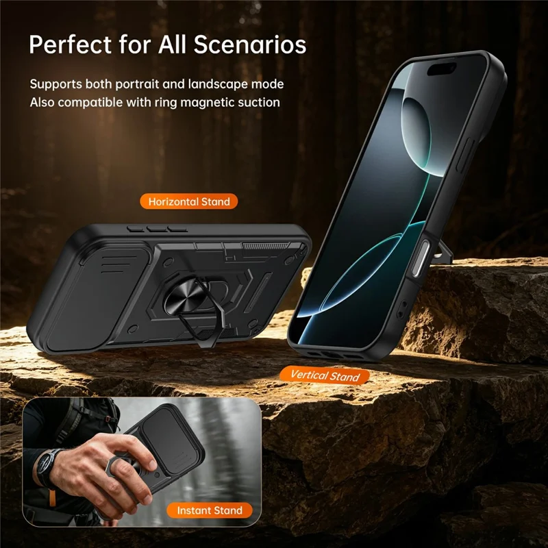 For iPhone 16 Pro Max Magnetic Case Sliding Lens Cover PC + TPU Phone Shell with Tempered Glass Film - Black