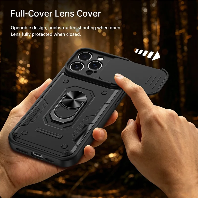 For iPhone 16 Pro Max Magnetic Case Sliding Lens Cover PC + TPU Phone Shell with Tempered Glass Film - Black