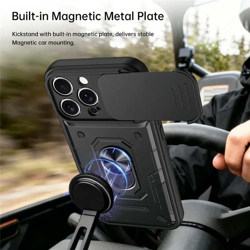 For iPhone 16 Pro Max Magnetic Case Sliding Lens Cover PC + TPU Phone Shell with Tempered Glass Film - Black