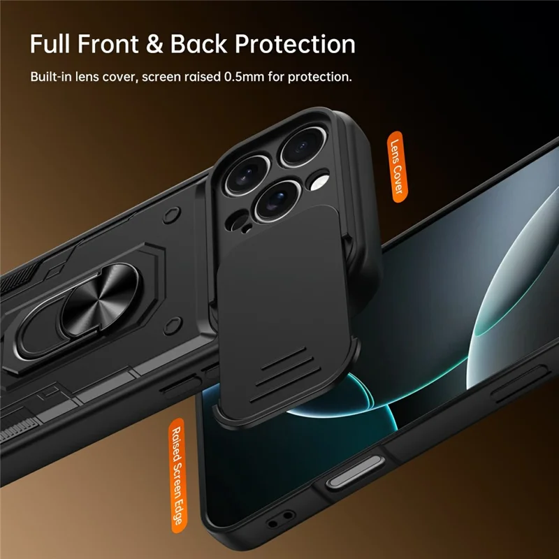 For iPhone 16 Pro Max Magnetic Case Sliding Lens Cover PC + TPU Phone Shell with Tempered Glass Film - Black