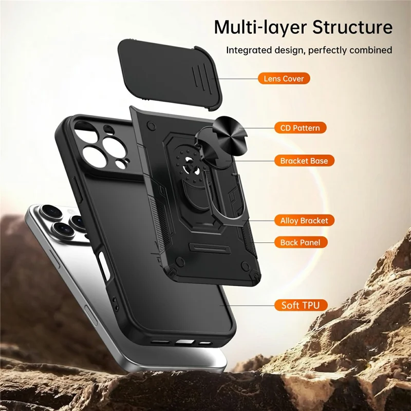 For iPhone 16 Pro Max Magnetic Case Sliding Lens Cover PC + TPU Phone Shell with Tempered Glass Film - Black