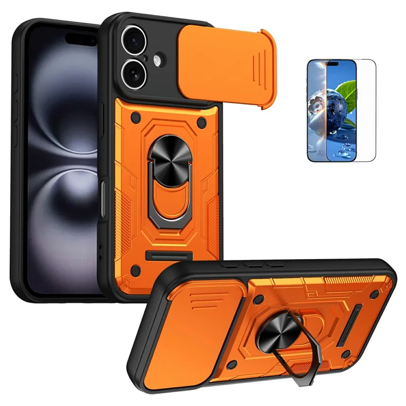 For iPhone 17 Magnetic Case Sliding Lens Cover PC + TPU Phone Shell with Tempered Glass Film - Orange