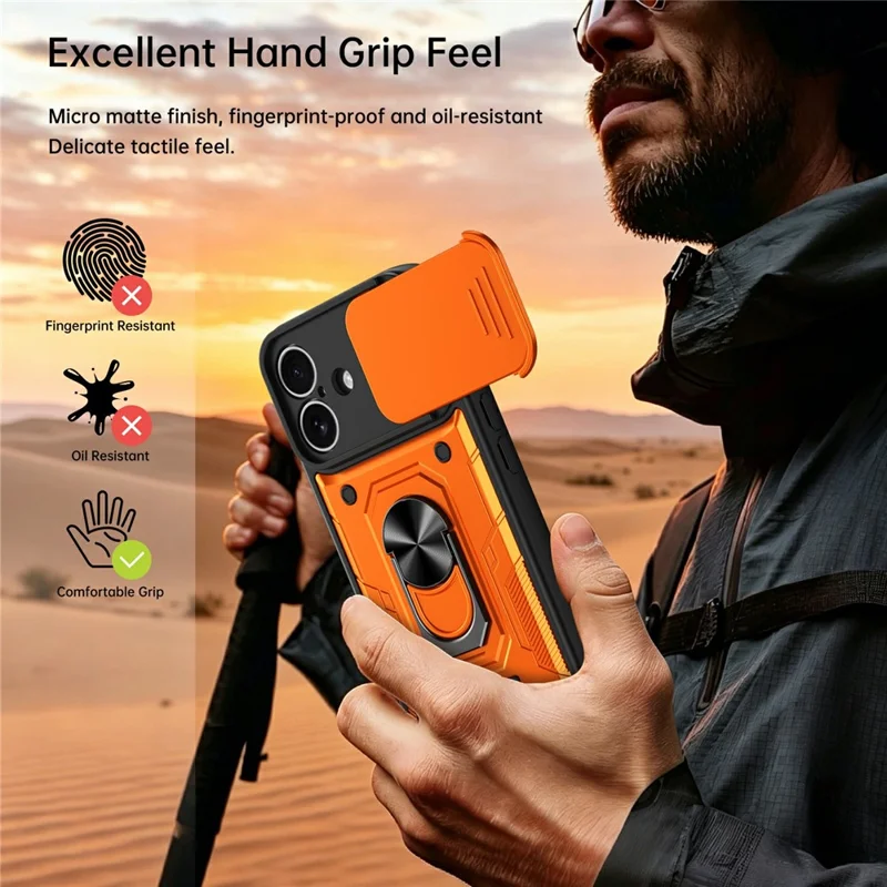 For iPhone 17 Magnetic Case Sliding Lens Cover PC + TPU Phone Shell with Tempered Glass Film - Orange