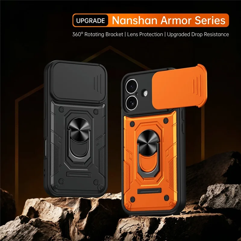 For iPhone 17 Magnetic Case Sliding Lens Cover PC + TPU Phone Shell with Tempered Glass Film - Orange