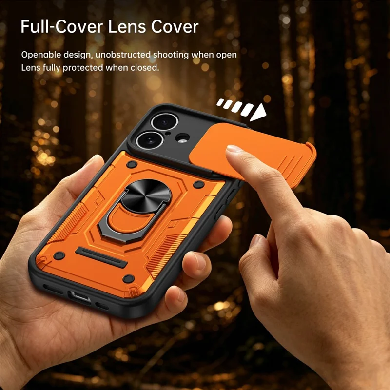 For iPhone 17 Magnetic Case Sliding Lens Cover PC + TPU Phone Shell with Tempered Glass Film - Orange