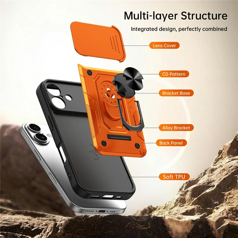 For iPhone 17 Magnetic Case Sliding Lens Cover PC + TPU Phone Shell with Tempered Glass Film - Orange