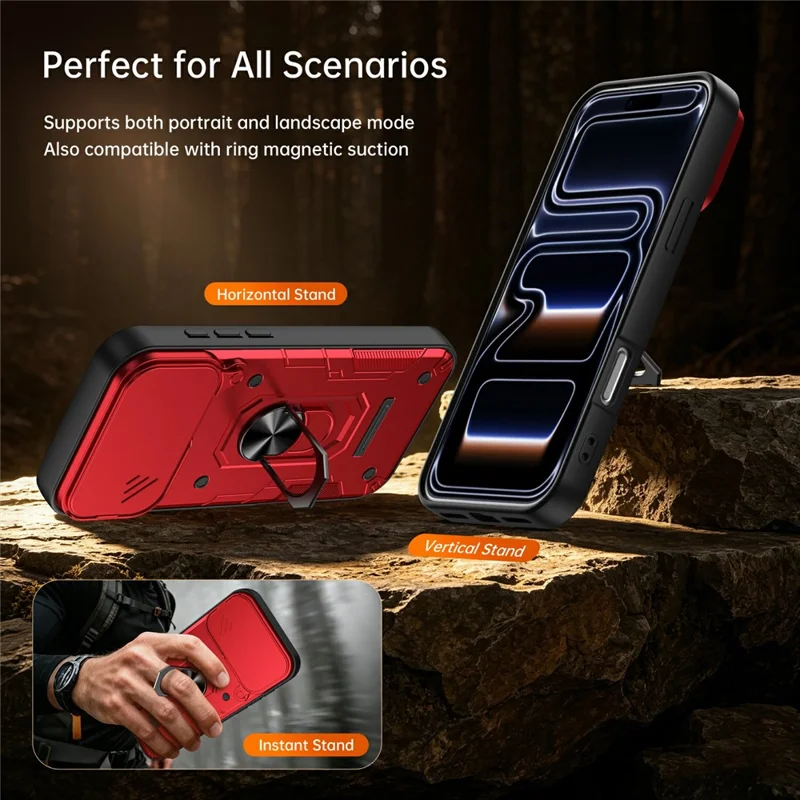 For iPhone 17 Pro Magnetic Case Sliding Lens Cover PC + TPU Phone Shell with Tempered Glass Film - Red