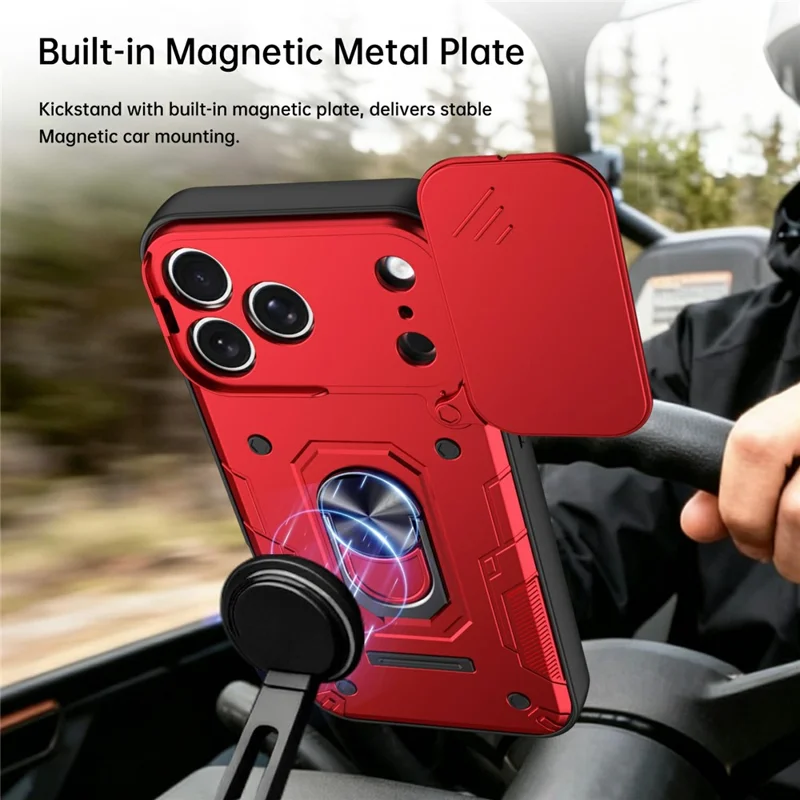 For iPhone 17 Pro Magnetic Case Sliding Lens Cover PC + TPU Phone Shell with Tempered Glass Film - Red