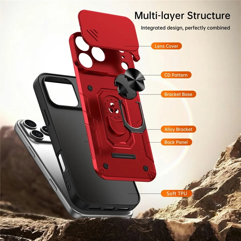 For iPhone 17 Pro Magnetic Case Sliding Lens Cover PC + TPU Phone Shell with Tempered Glass Film - Red