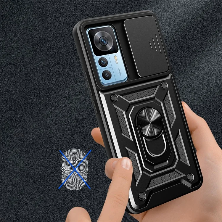 Für Xiaomi 12T Pro 5G Handyhülle Freisprechfunktion Ringhalter Ständer PC + TPU Schutzhülle mit Kameralinsenabdeckung - Schwarz