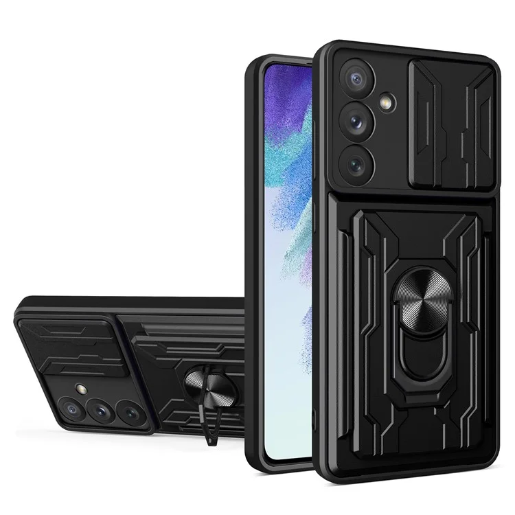 For Samsung Galaxy A54 5G Card Holder Design Ring Kickstand Shockproof Phone Case PC + TPU Hybrid Phone Protector with Slide Camera Cover - Black