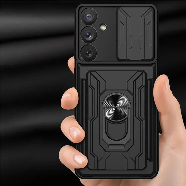 For Samsung Galaxy A54 5G Card Holder Design Ring Kickstand Shockproof Phone Case PC + TPU Hybrid Phone Protector with Slide Camera Cover - Black