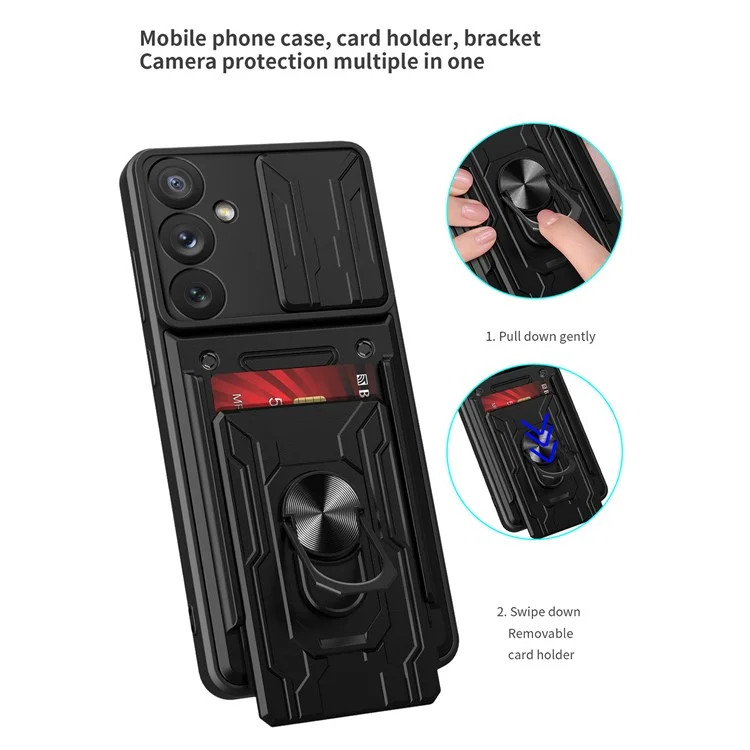 For Samsung Galaxy A54 5G Card Holder Design Ring Kickstand Shockproof Phone Case PC + TPU Hybrid Phone Protector with Slide Camera Cover - Black