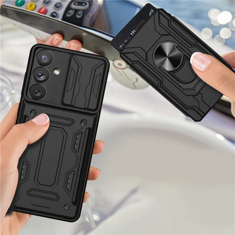 For Samsung Galaxy A54 5G Card Holder Design Ring Kickstand Shockproof Phone Case PC + TPU Hybrid Phone Protector with Slide Camera Cover - Black