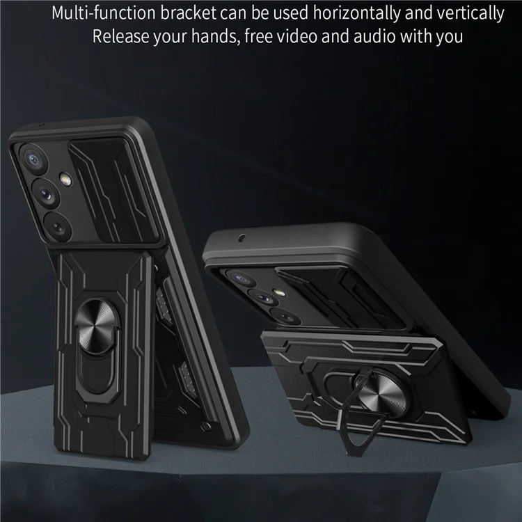 For Samsung Galaxy A54 5G Card Holder Design Ring Kickstand Shockproof Phone Case PC + TPU Hybrid Phone Protector with Slide Camera Cover - Black