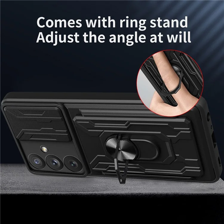 For Samsung Galaxy A54 5G Card Holder Design Ring Kickstand Shockproof Phone Case PC + TPU Hybrid Phone Protector with Slide Camera Cover - Black