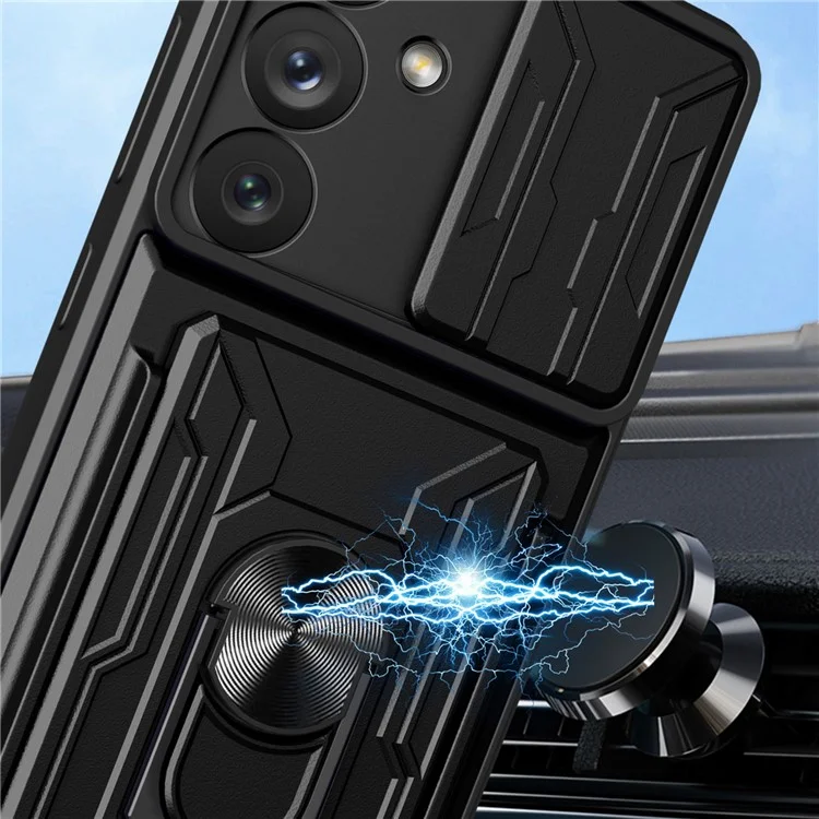 For Samsung Galaxy A54 5G Card Holder Design Ring Kickstand Shockproof Phone Case PC + TPU Hybrid Phone Protector with Slide Camera Cover - Black
