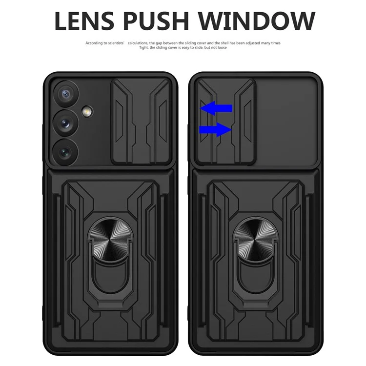 For Samsung Galaxy A54 5G Card Holder Design Ring Kickstand Shockproof Phone Case PC + TPU Hybrid Phone Protector with Slide Camera Cover - Black