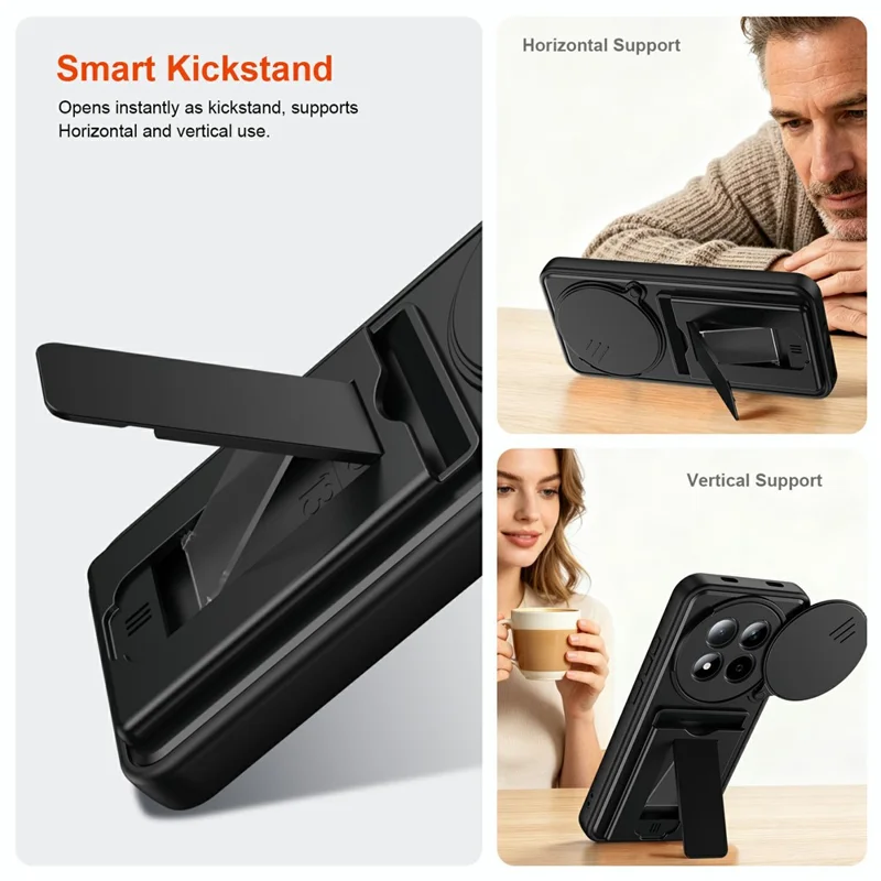 For Xiaomi Redmi Note 15 Pro 4G (Global) Case Lens Protection Kickstand PC + TPU Phone Cover with Card Holder - Black