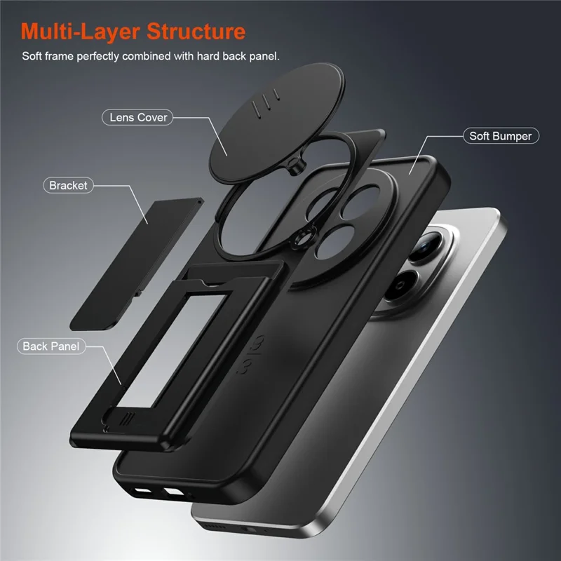 For Xiaomi Redmi Note 15 Pro 4G (Global) Case Lens Protection Kickstand PC + TPU Phone Cover with Card Holder - Black