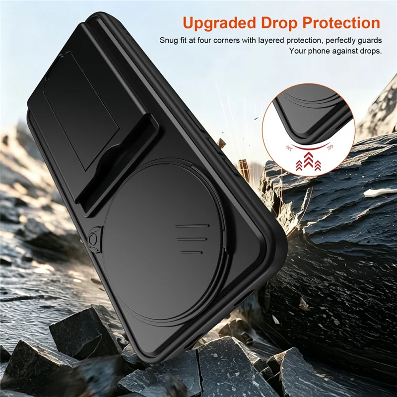For Xiaomi Redmi Note 15 Pro 4G (Global) Case Lens Protection Kickstand PC + TPU Phone Cover with Card Holder - Black