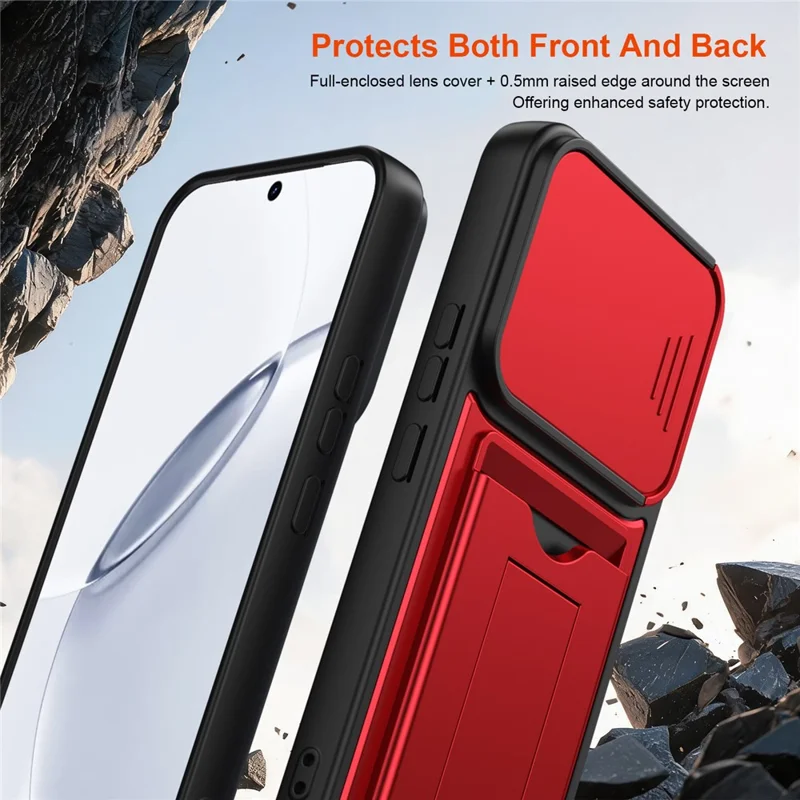 For Realme 16 Pro 5G Case Lens Protection Kickstand PC + TPU Phone Cover with Card Holder - Red