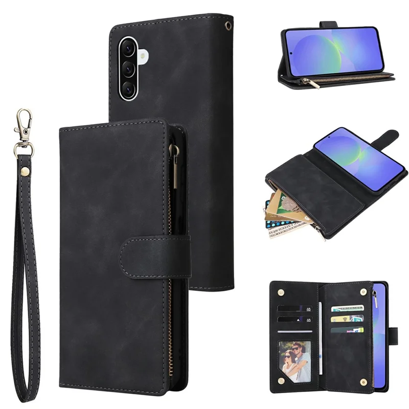 For Samsung Galaxy A27 Case Zipper Wallet Multiple Card Slots Leather Phone Cover with Wrist Strap - Black