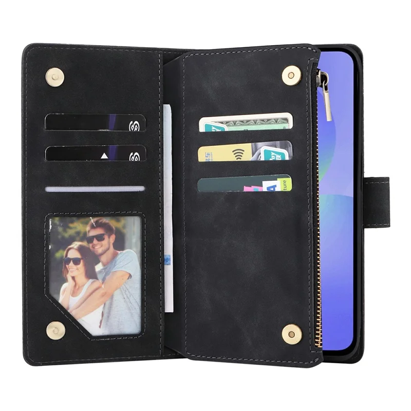 For Samsung Galaxy A27 Case Zipper Wallet Multiple Card Slots Leather Phone Cover with Wrist Strap - Black