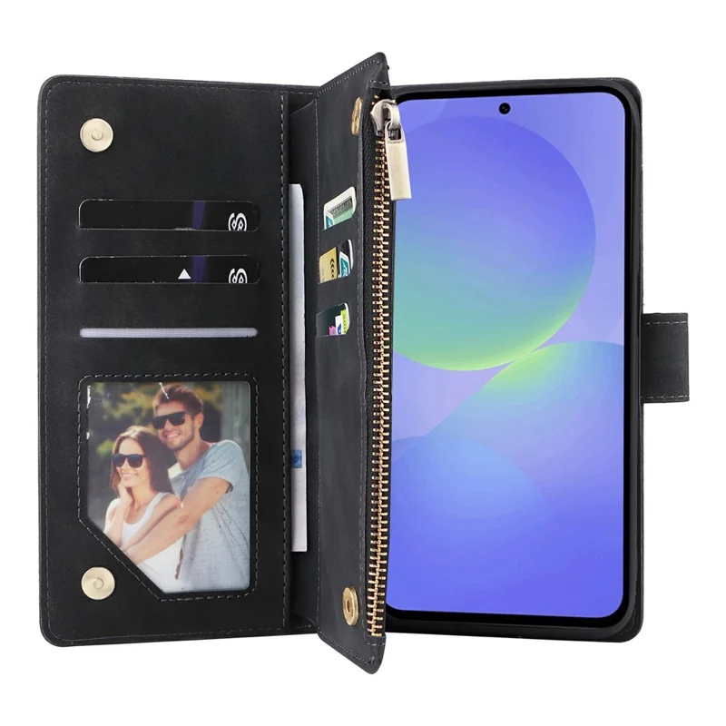 For Samsung Galaxy A27 Case Zipper Wallet Multiple Card Slots Leather Phone Cover with Wrist Strap - Black