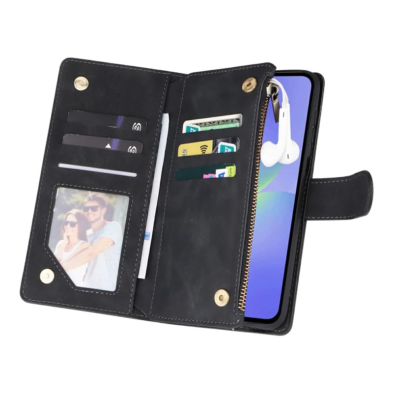 For Samsung Galaxy A27 Case Zipper Wallet Multiple Card Slots Leather Phone Cover with Wrist Strap - Black