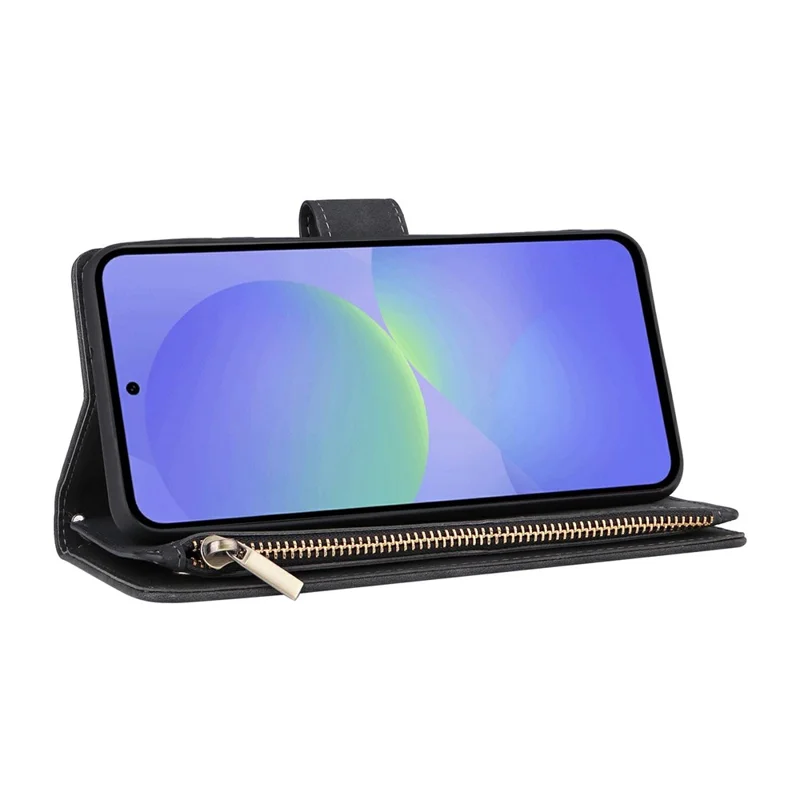 For Samsung Galaxy A27 Case Zipper Wallet Multiple Card Slots Leather Phone Cover with Wrist Strap - Black