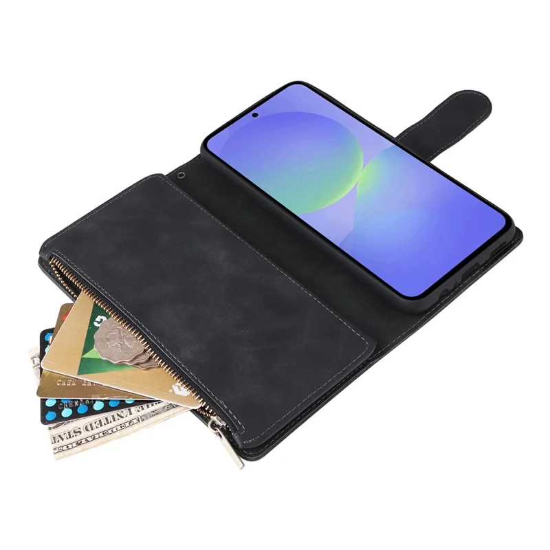 For Samsung Galaxy A27 Case Zipper Wallet Multiple Card Slots Leather Phone Cover with Wrist Strap - Black