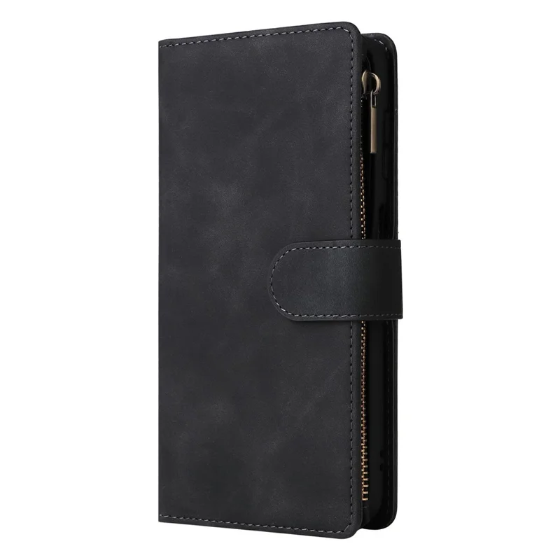 For Samsung Galaxy A27 Case Zipper Wallet Multiple Card Slots Leather Phone Cover with Wrist Strap - Black