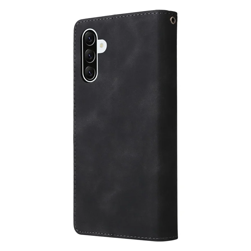 For Samsung Galaxy A27 Case Zipper Wallet Multiple Card Slots Leather Phone Cover with Wrist Strap - Black