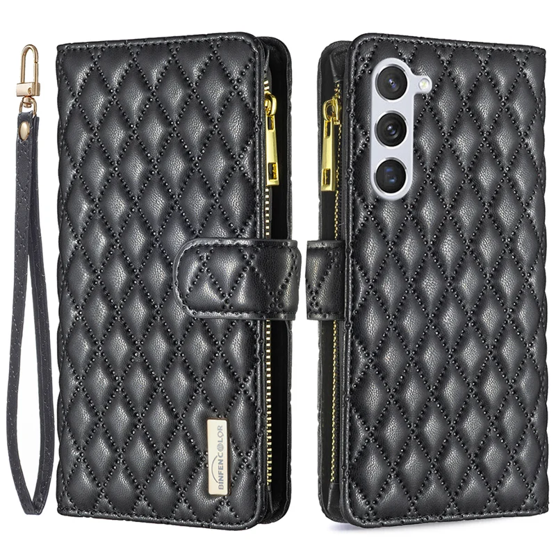BINFEN COLOR for Samsung Galaxy S26+ BF Style-15 Leather Case Zipper Pocket Rhombus Phone Cover - Black - 1
