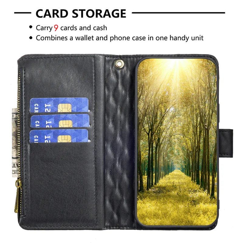 BINFEN COLOR for Samsung Galaxy S26+ BF Style-15 Leather Case Zipper Pocket Rhombus Phone Cover - Black - 3