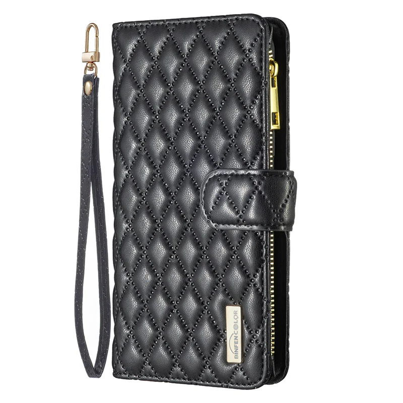 BINFEN COLOR for Samsung Galaxy S26+ BF Style-15 Leather Case Zipper Pocket Rhombus Phone Cover - Black - 5